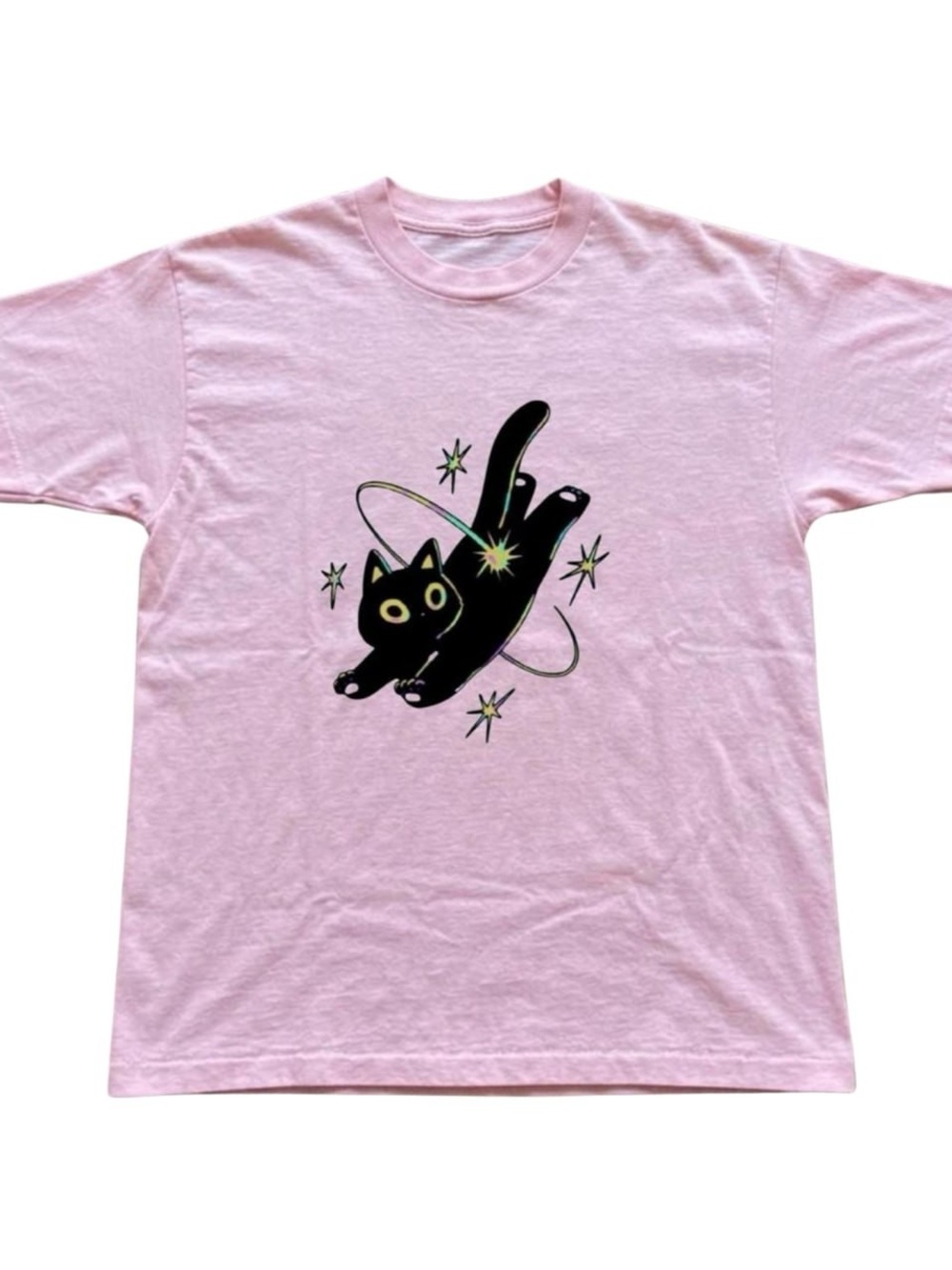 Light Pink Tee with Black Space Cat Graphic